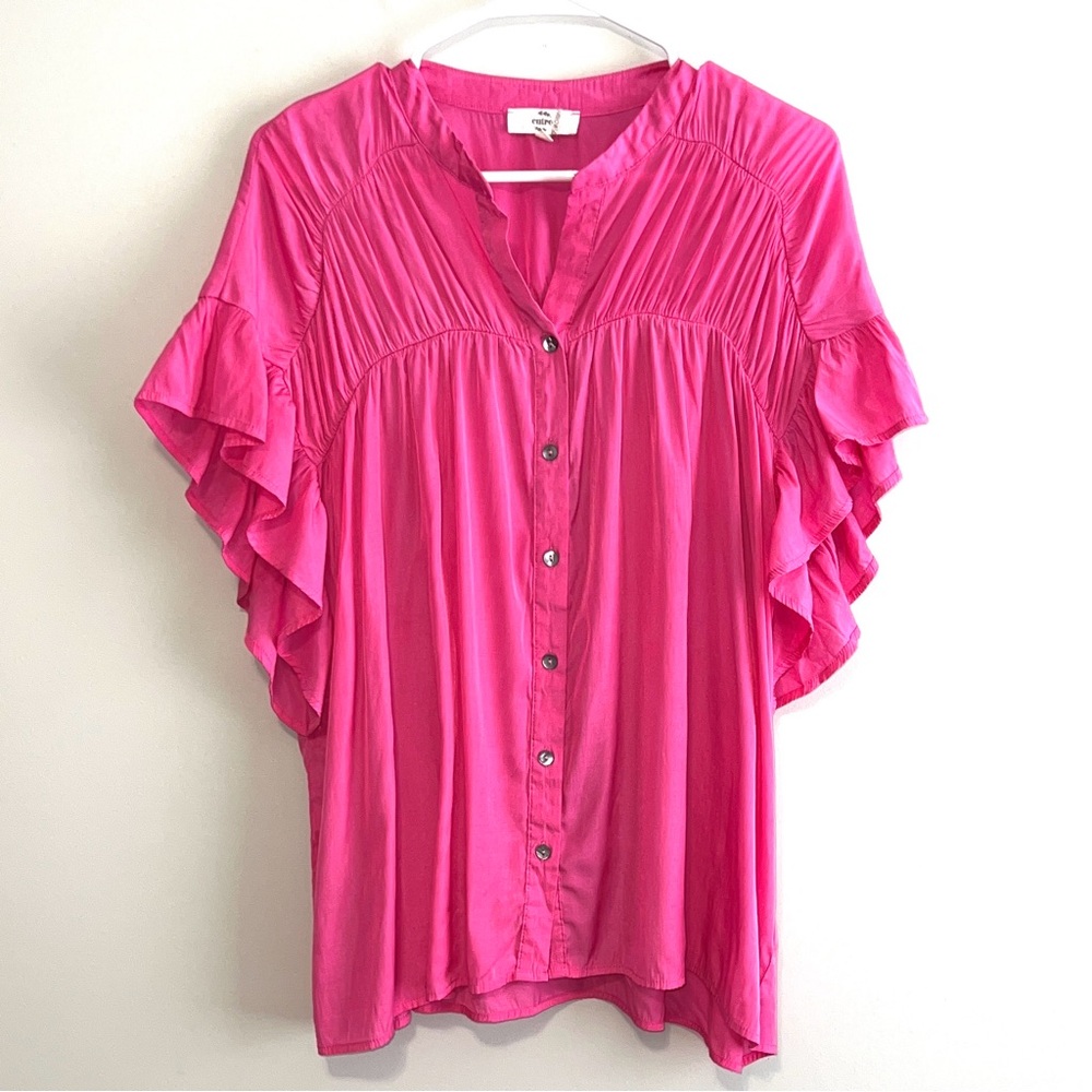 Entro Waterfall Ruffle Sleeve Button Front Blouse